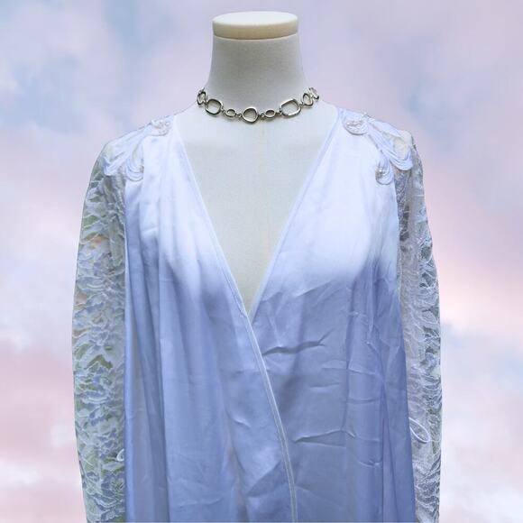 Vtg 90s Cabernet Satin White Long Maxi Lace Beaded Sleeve Robe Cover Up Sz S - Picture 2 of 8
